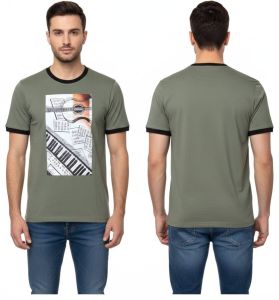 Mens Round Neck Olive Green Printed Cotton T-Shirt