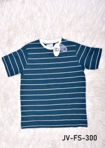 Mens Round Neck Teal Blue and White Striped Cotton T-Shirt