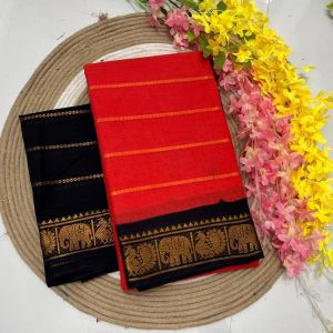 Black and Red Velthari Cotton Saree with Classic Sungudi Patterns