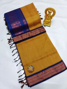 Blue and Mustard Cotton Checked Printed Saree