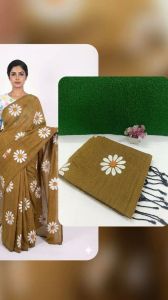 Brown and White Pure Khadi Cotton Printed Saree