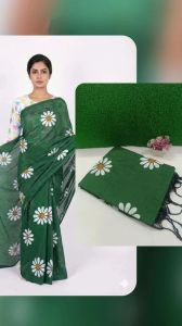 Dark Green Pure Khadi Cotton Printed Saree