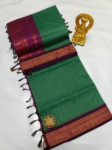 Elegant Green Cotton Saree with Classic Checked Pattern