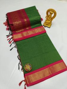 Green and Pink Cotton Saree with Traditional Checked Design