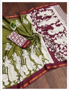 Green and Red Mangalagiri Cotton Printed Saree