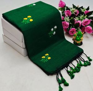 Green Hand Embroidered Khadi Cotton Saree