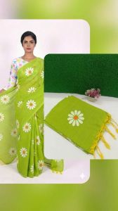Green Handspun Pure Khadi Cotton Printed Saree
