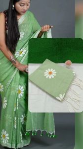 Green Soft Pure Khadi Cotton Printed Saree