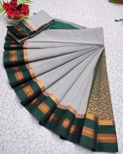 Grey and Green Classic South Indian Kanjivaram Silk Cotton Saree