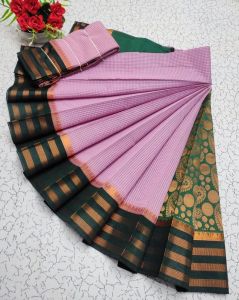 Handcrafted Pink and Green Kanjivaram Pattern Silk Cotton Sarees