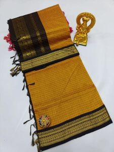 Mustard Yellow and Black Cotton Checked Printed Saree
