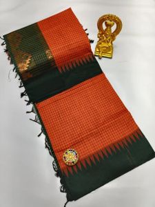 Oragne and Green Cotton Checked Printed Saree