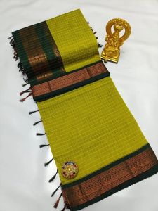 Parrot Green Cotton Saree with Soft Checked Print
