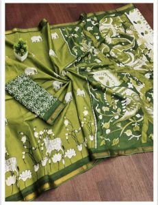 Parrot Green Mangalagiri Cotton Printed Saree