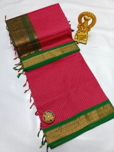 Pink and Green Cotton Checked Printed Saree with Traditional Charm