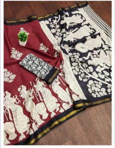 Red and Black Mangalagiri Cotton Printed Saree