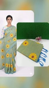 Yellow Flower Printed Pure Khadi Cotton Saree