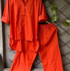 Warm Red Solid Cotton High Low Co-ord Set