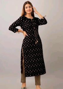 Ladies Black Rayon Printed Kurta Pant Set