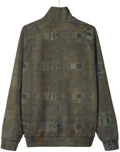 Mens Olive Green Abstract Grid Stand Collar Jacket