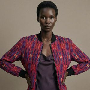 Womens Magenta Blue Painted Flame Bomber Jacket