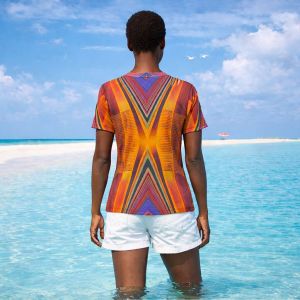 Womens Orange Purple Geometric Cotton T-Shirt