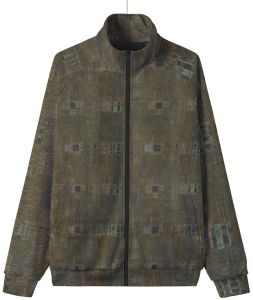Mens Olive Green Abstract Grid Stand Collar Jacket
