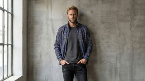 Mens Navy Blue Abstract Stand Collar Jacket
