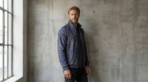 Mens Navy Blue Abstract Stand Collar Jacket