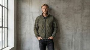 Mens Olive Green Abstract Grid Stand Collar Jacket