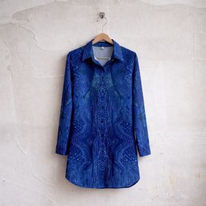 Womens Blue Abstract Pattern Lapel Shirt