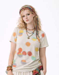 Womens Cream Orange Polka Dot Print Cotton T-Shirt