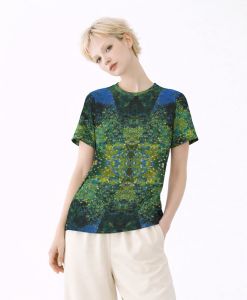 Womens Green Blue Abstract Mosaic Stipple Cotton T-Shirt