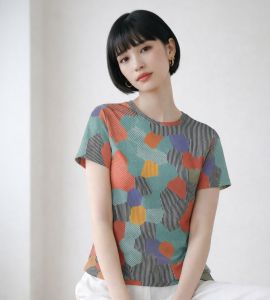 Womens Orange Teal Geometric Striped Pattern Cotton T-Shirt