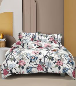 Elegant Floral Bird Print Double Bed Cotton Bedsheet Set