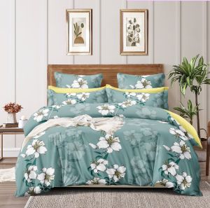 Large Floral Teal Double Bed Cotton Bedsheet Set