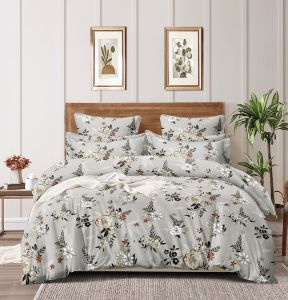 Soft Floral Grey Double Bed Cotton Bedsheet Set