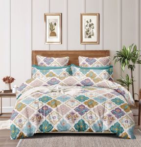 Tile Floral Multicolor Double Bed Cotton Bedsheet Set