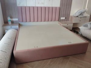 Wooden Baby Pink Upholstery Queen Size Bed