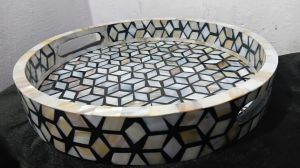 Handcrafted Geometric Mother of Pearl Round Serving Tray