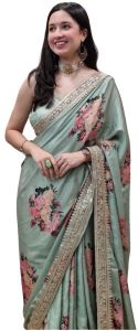 Ready to Wear Sage Green Floral Chinon Silk Saree