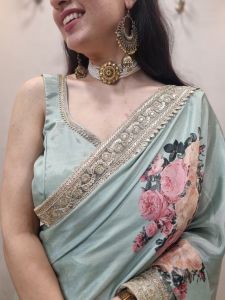 Ready to Wear Sage Green Floral Chinon Silk Saree