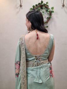 Ready to Wear Sage Green Floral Chinon Silk Saree