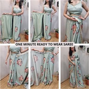 Ready to Wear Sage Green Floral Chinon Silk Saree