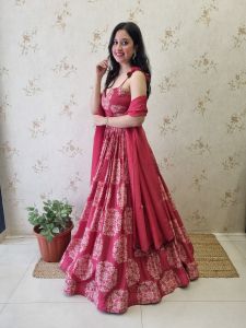 Red Printed Silk Lehenga Choli Set with Organza Dupatta
