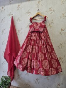 Red Printed Silk Lehenga Choli Set with Organza Dupatta