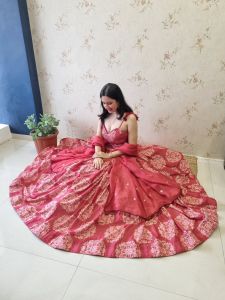 Red Printed Silk Lehenga Choli Set with Organza Dupatta