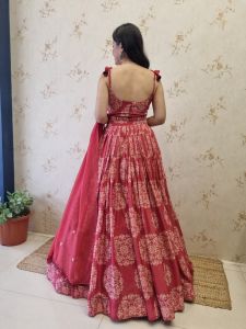 Red Printed Silk Lehenga Choli Set with Organza Dupatta