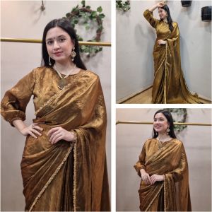 Women’s Golden Pre Pleated Satin Silk Saree with Border