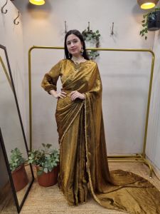 Women’s Golden Pre Pleated Satin Silk Saree with Border